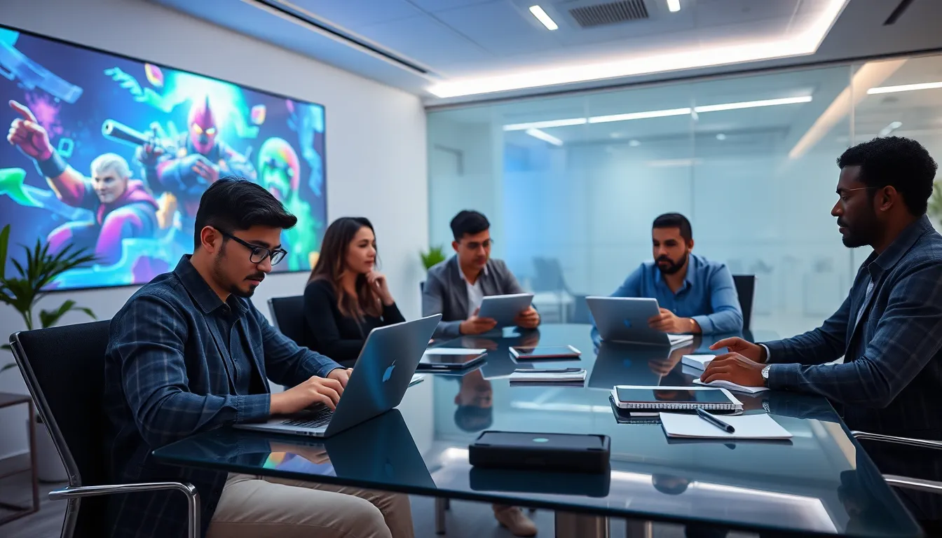 professionals collaborating in a modern office focused on game development emails.