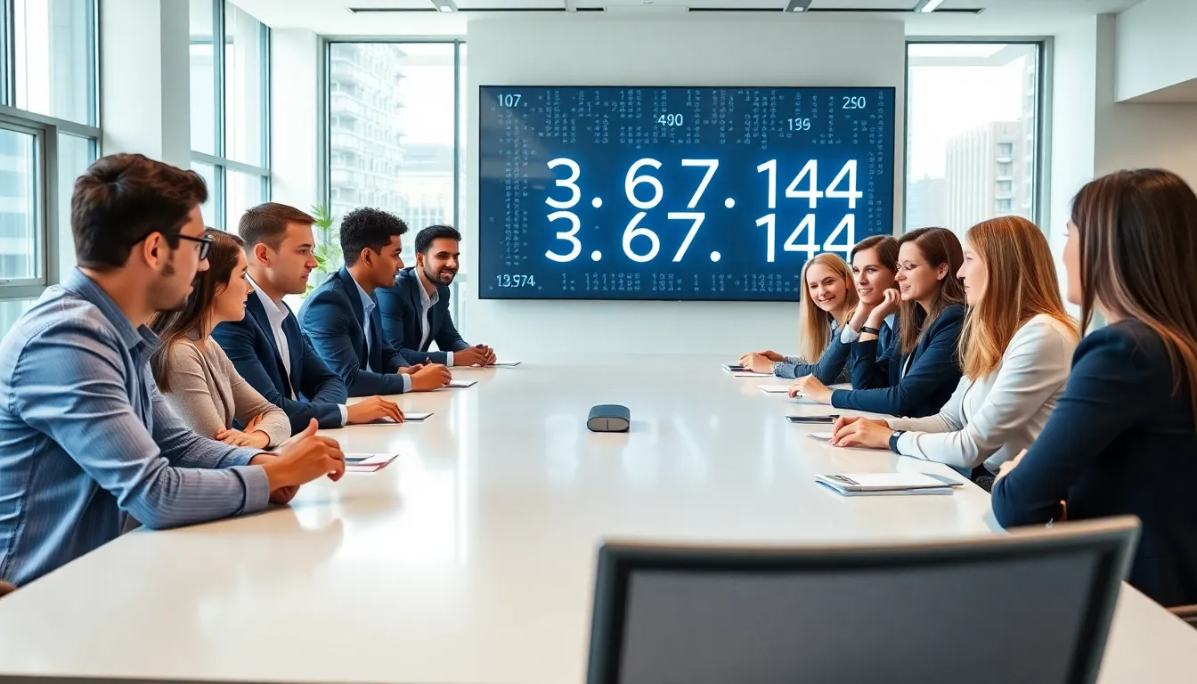 diverse professionals discussing IP addresses in a modern office.