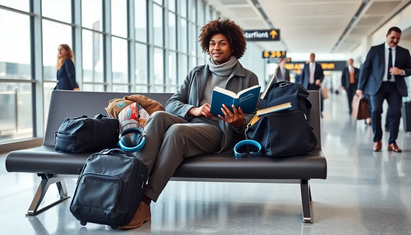 traveler preparing for a long flight in a modern airport.