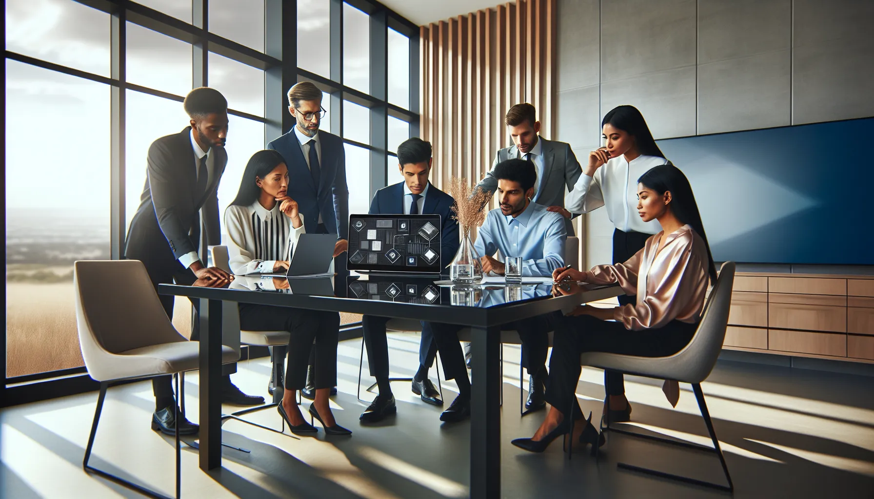 diverse team collaborating in a modern office with data management software.