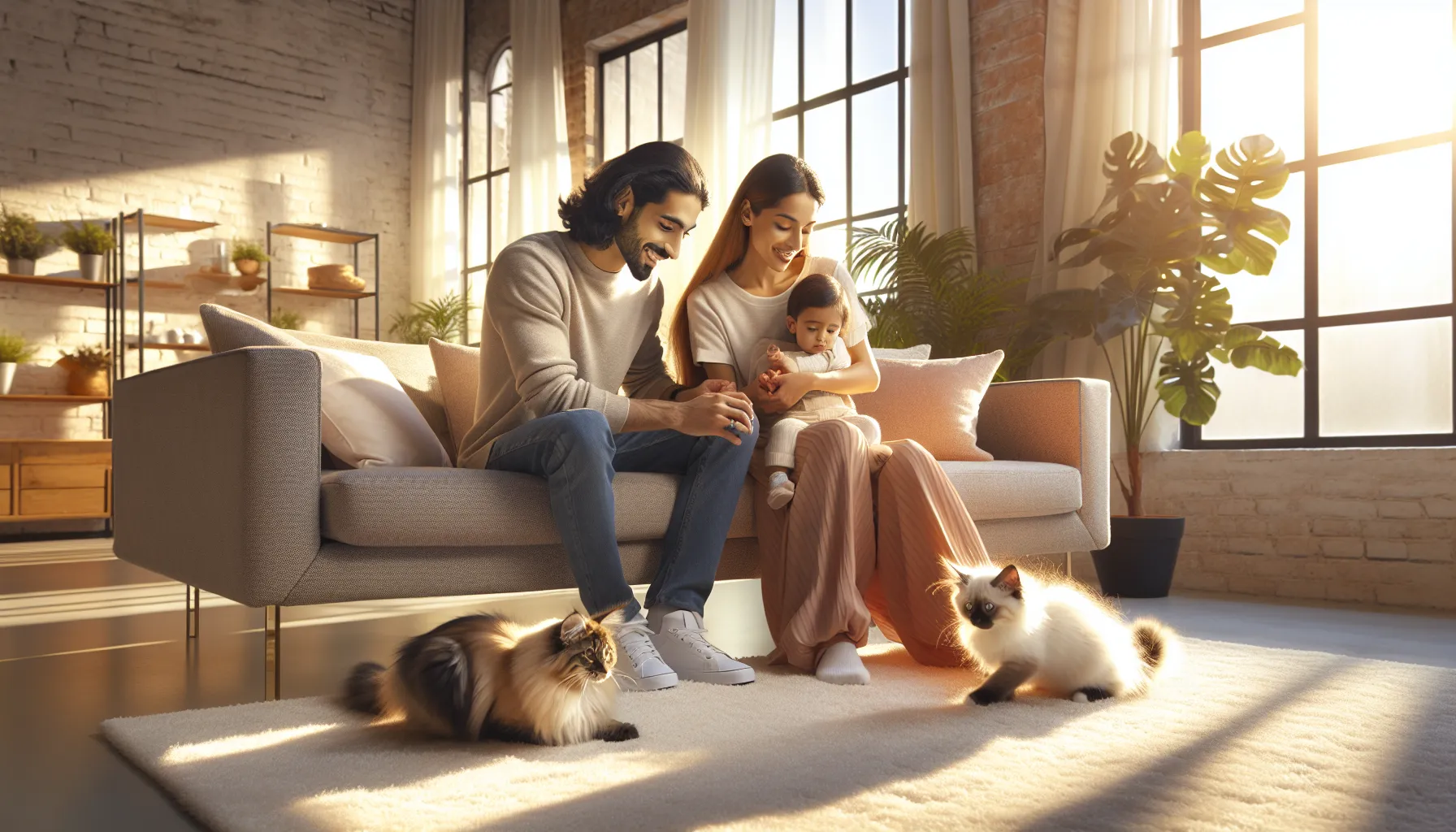 family selecting a kitten in a modern living room.