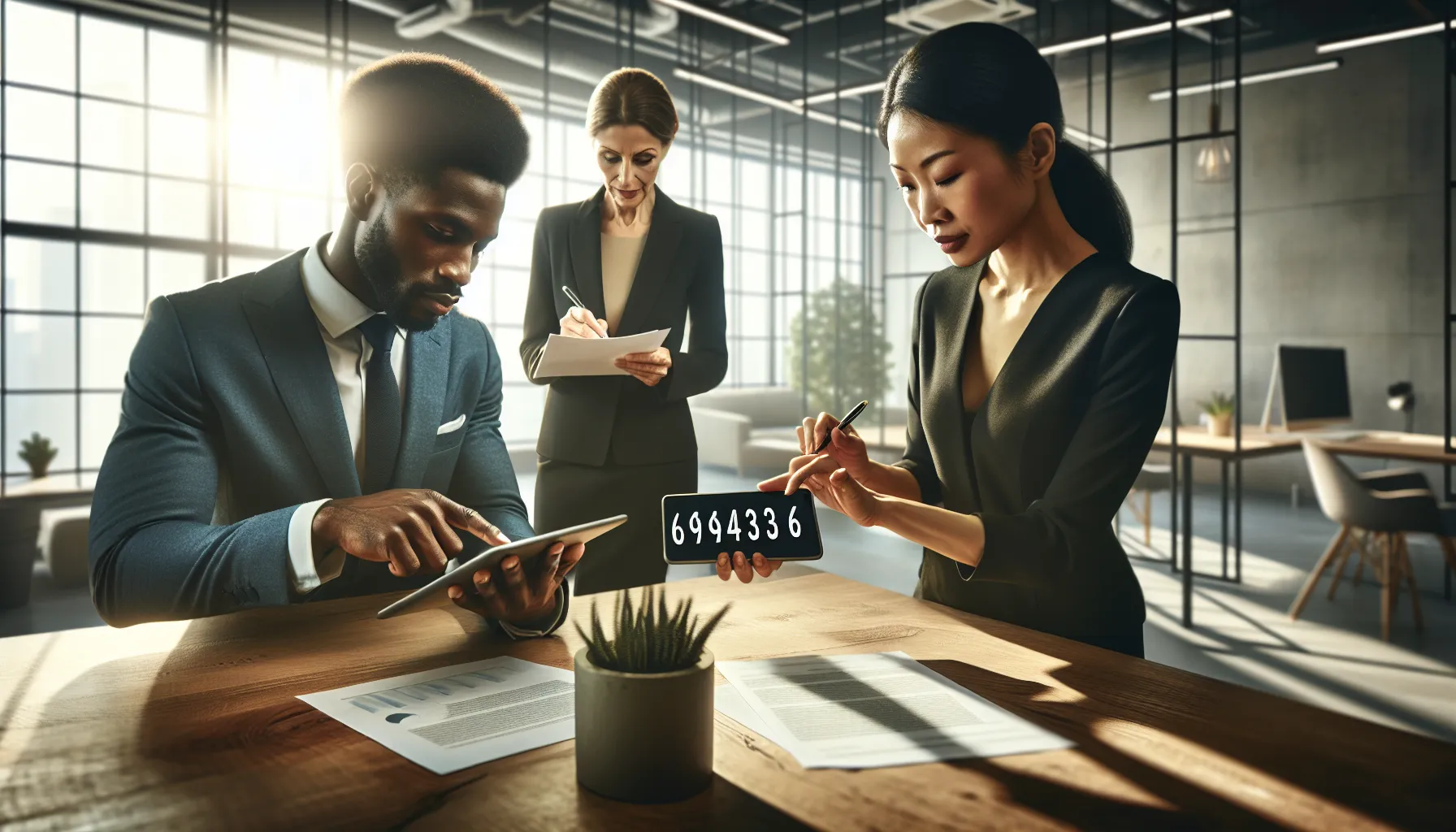 diverse team discussing financial transactions in a modern office.