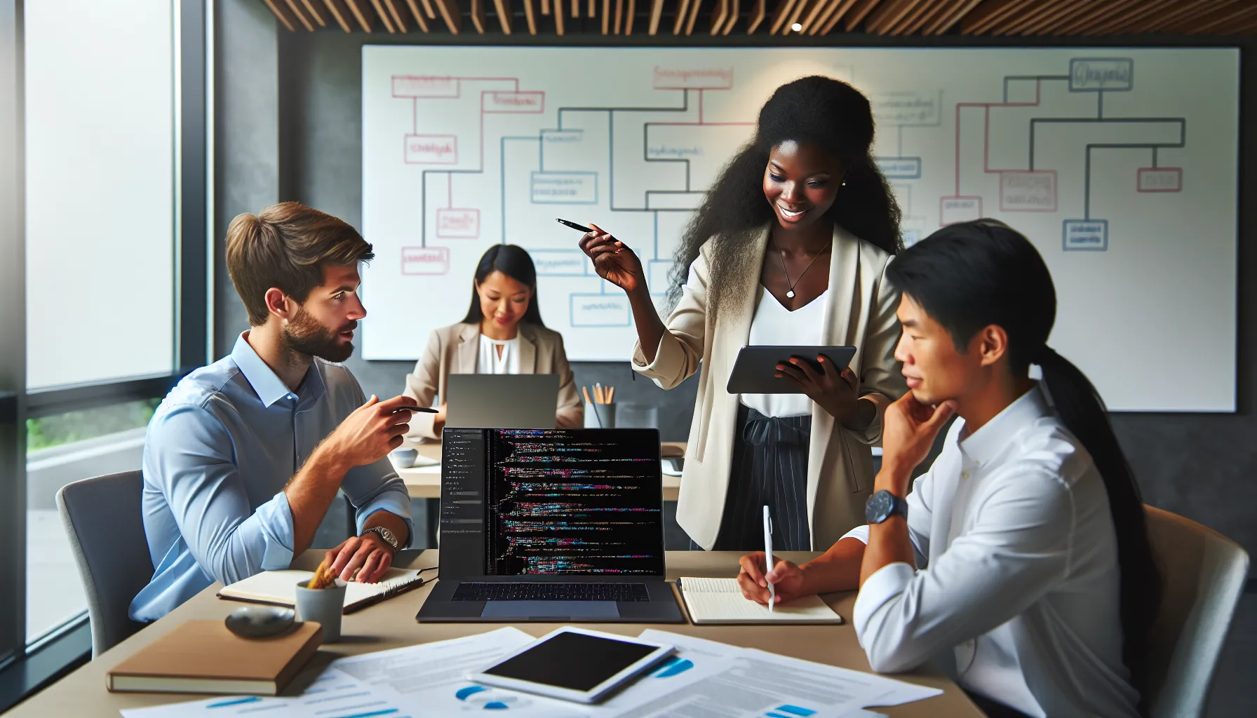 diverse team collaborating on mastering programming code in a modern office.