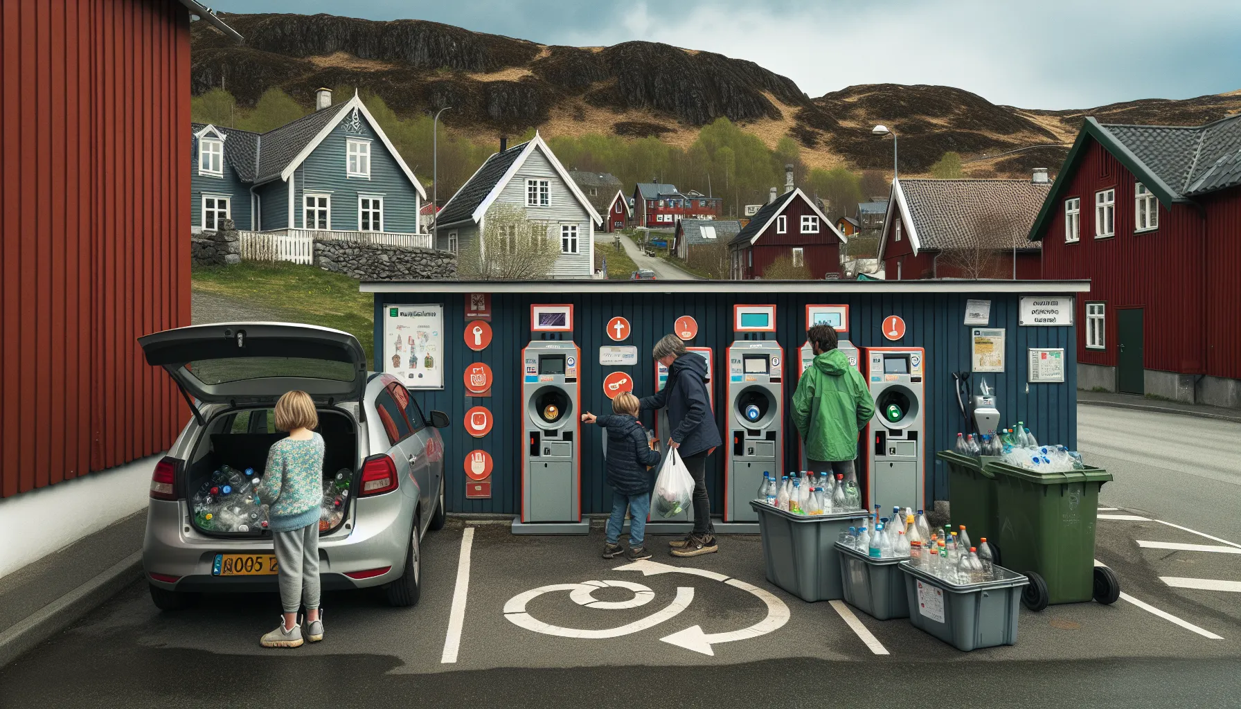 People using a norwegian local recycling point with pant machine and reuse corner.
