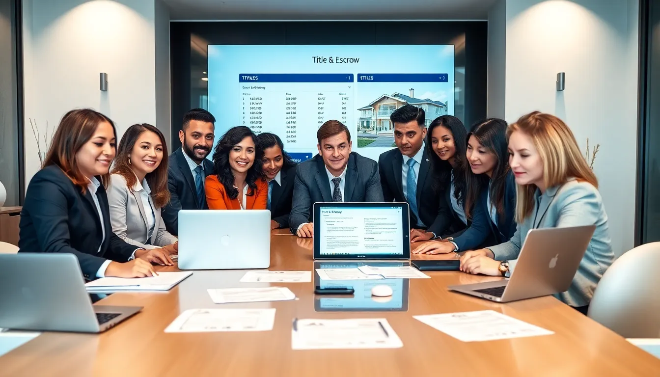 team of professionals discussing title and escrow services in a modern office.