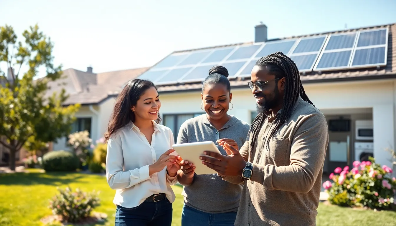 diverse professionals discussing solar energy solutions in a modern home.