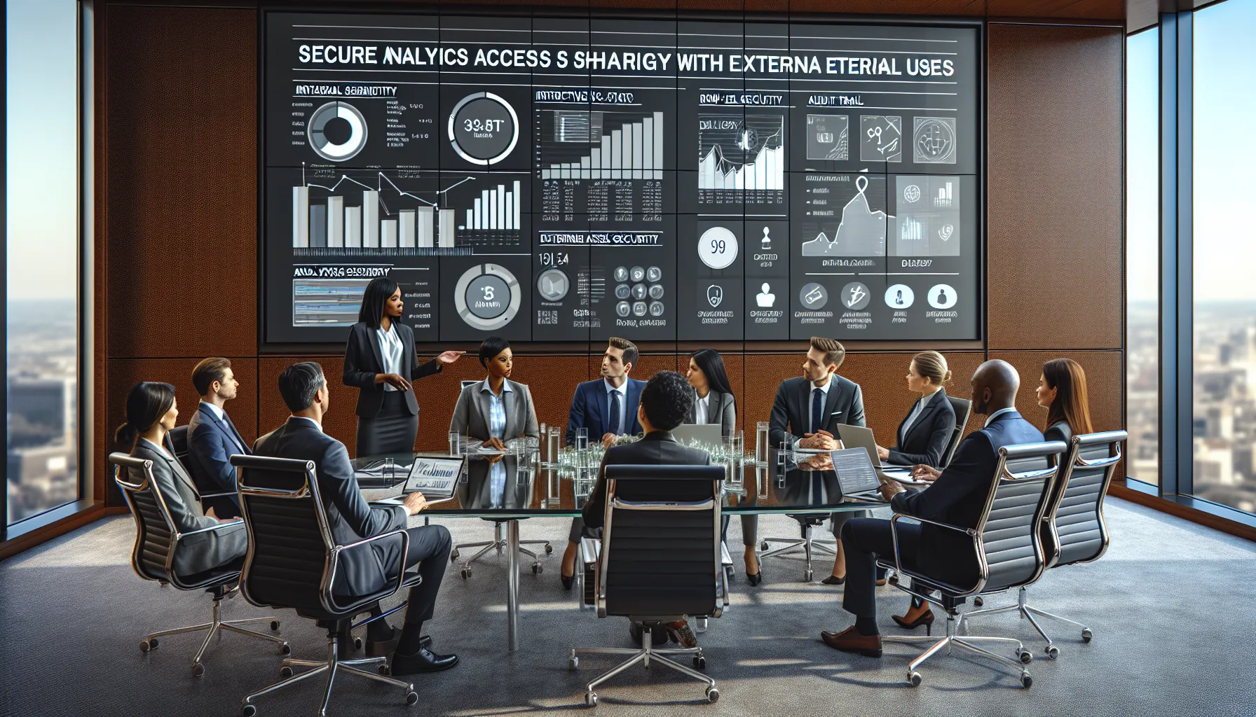 Diverse professionals reviewing external reporting requirements around a dashboard in a modern office.