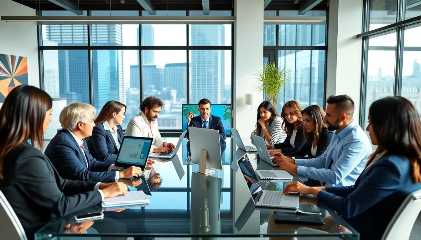 diverse professionals in a virtual meeting in a modern office.