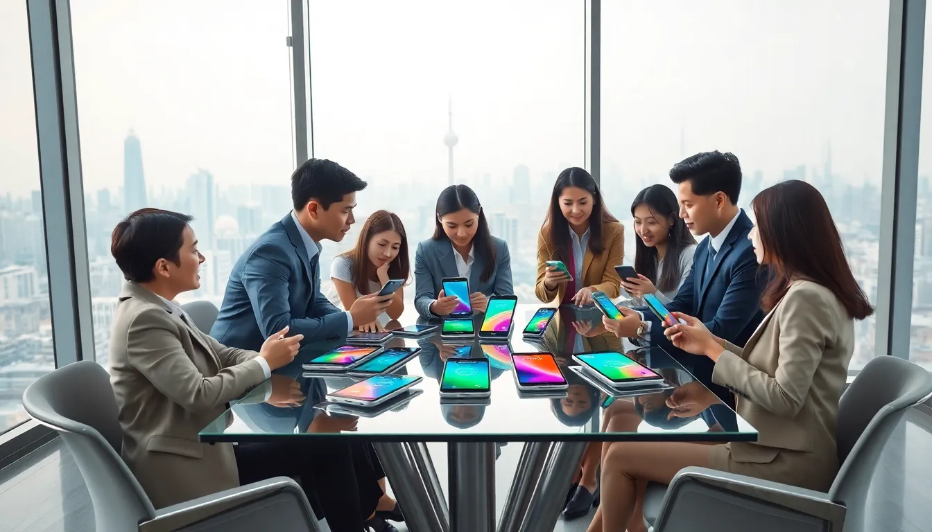 diverse professionals discussing mobile app trends in a modern office setting.