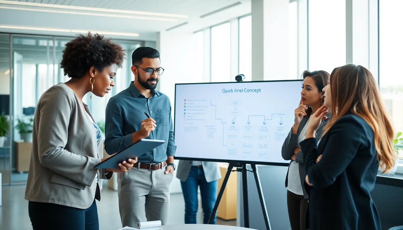 diverse team brainstorming ideas in a modern office.