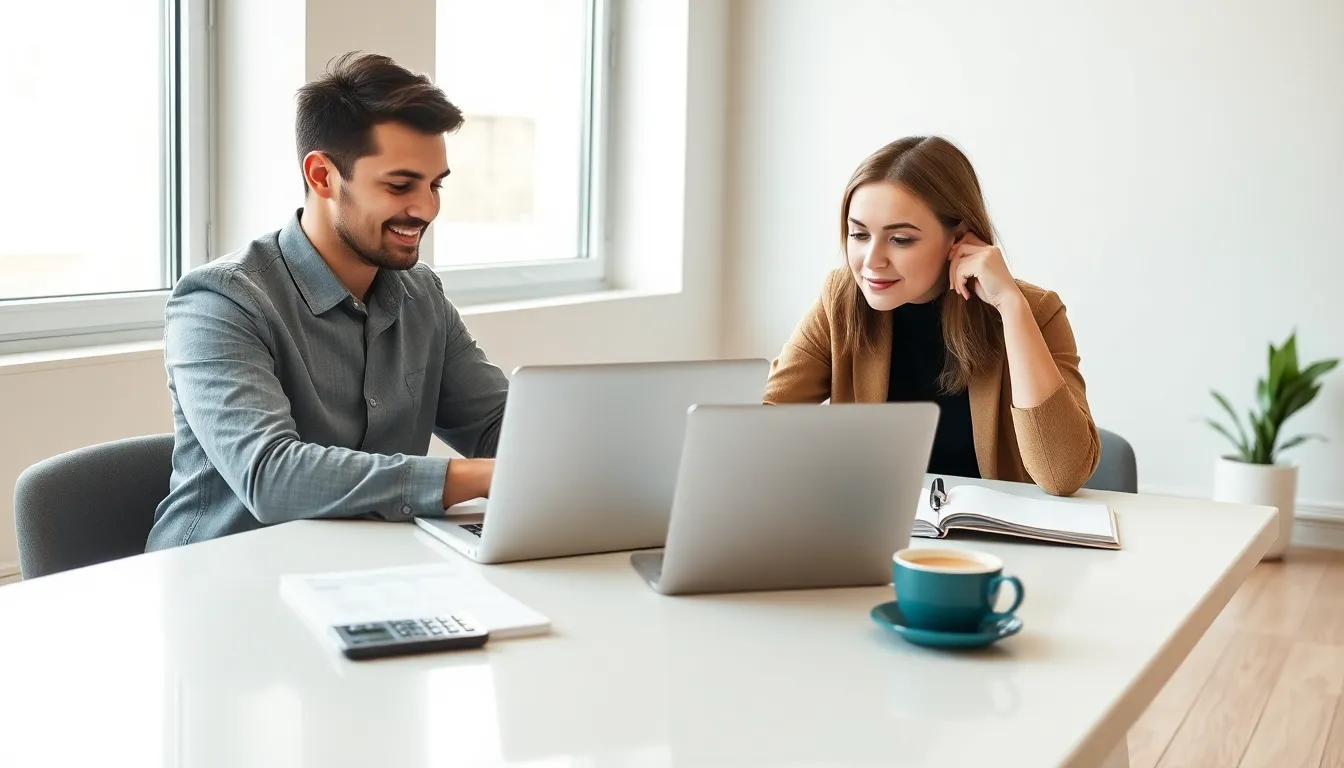 couple reviewing their rental budget in a modern home office.