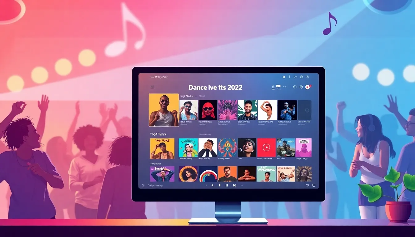 vibrant online dance music platform with diverse people dancing.