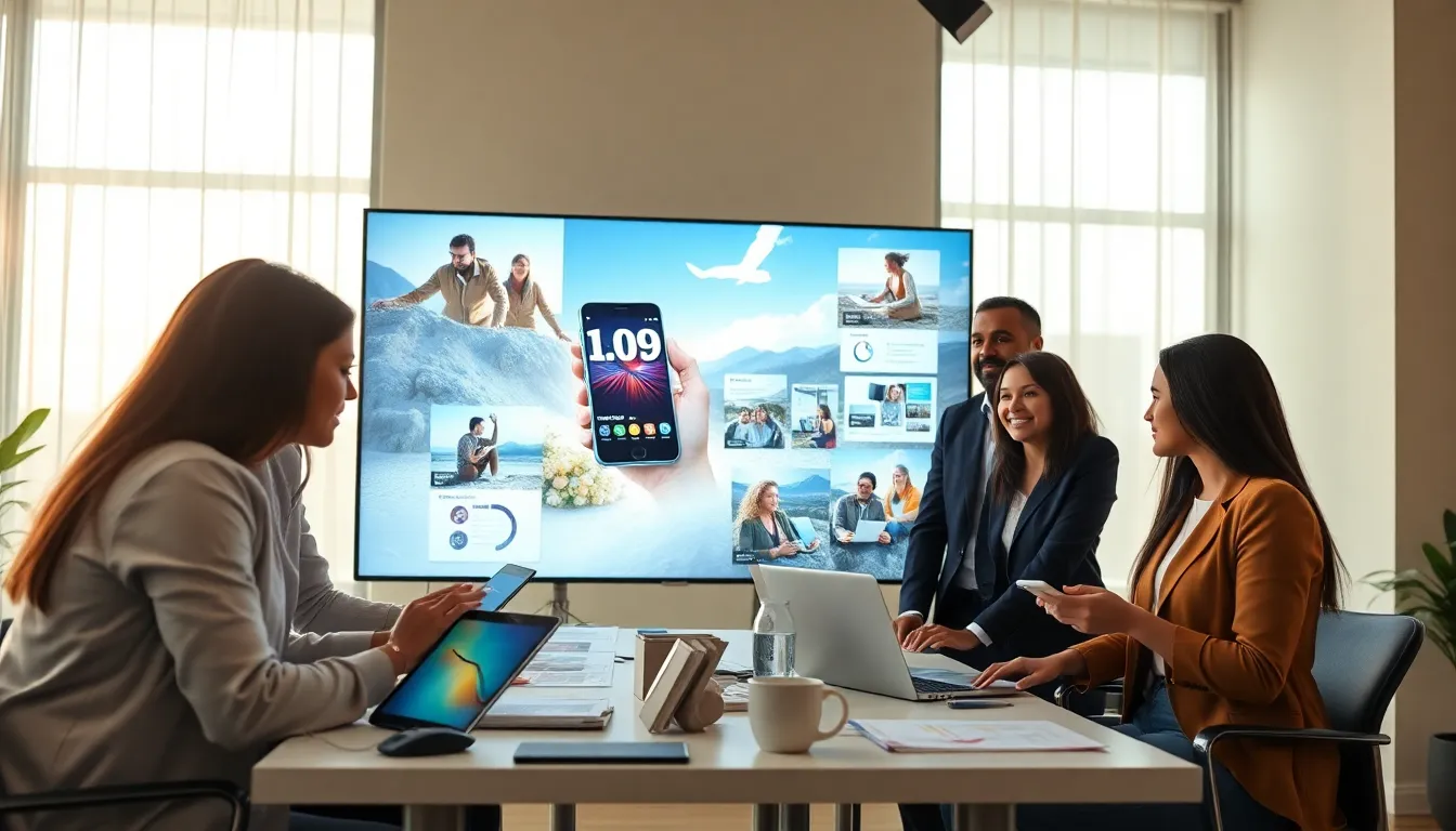 diverse team brainstorming consumer electronics advertising strategies in a modern studio.