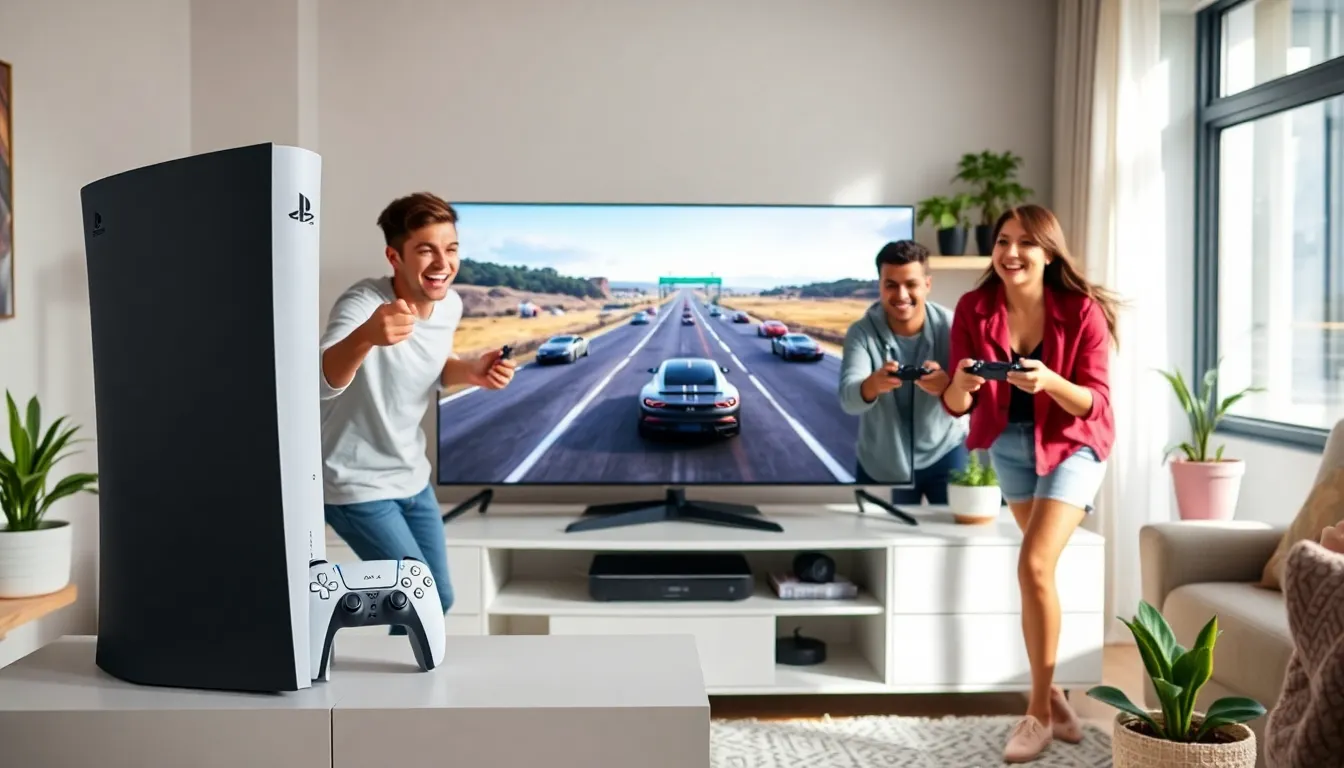 diverse group playing racing games on a PlayStation 5 in a modern living room.