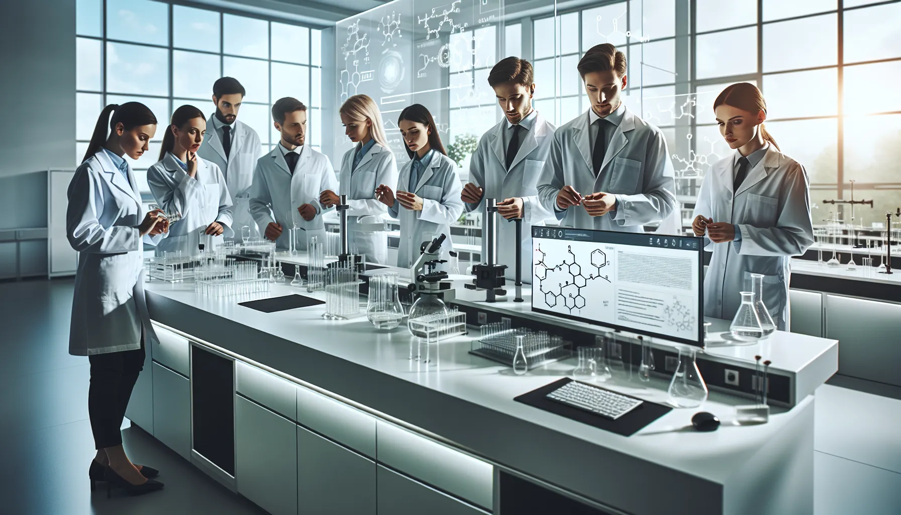 diverse scientists analyzing chemical properties in a modern lab.
