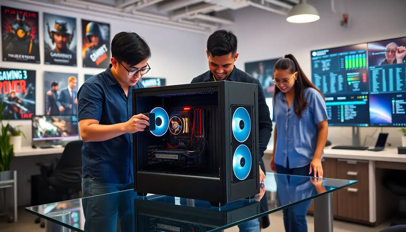 diverse group assembling a budget gaming PC in a modern office.