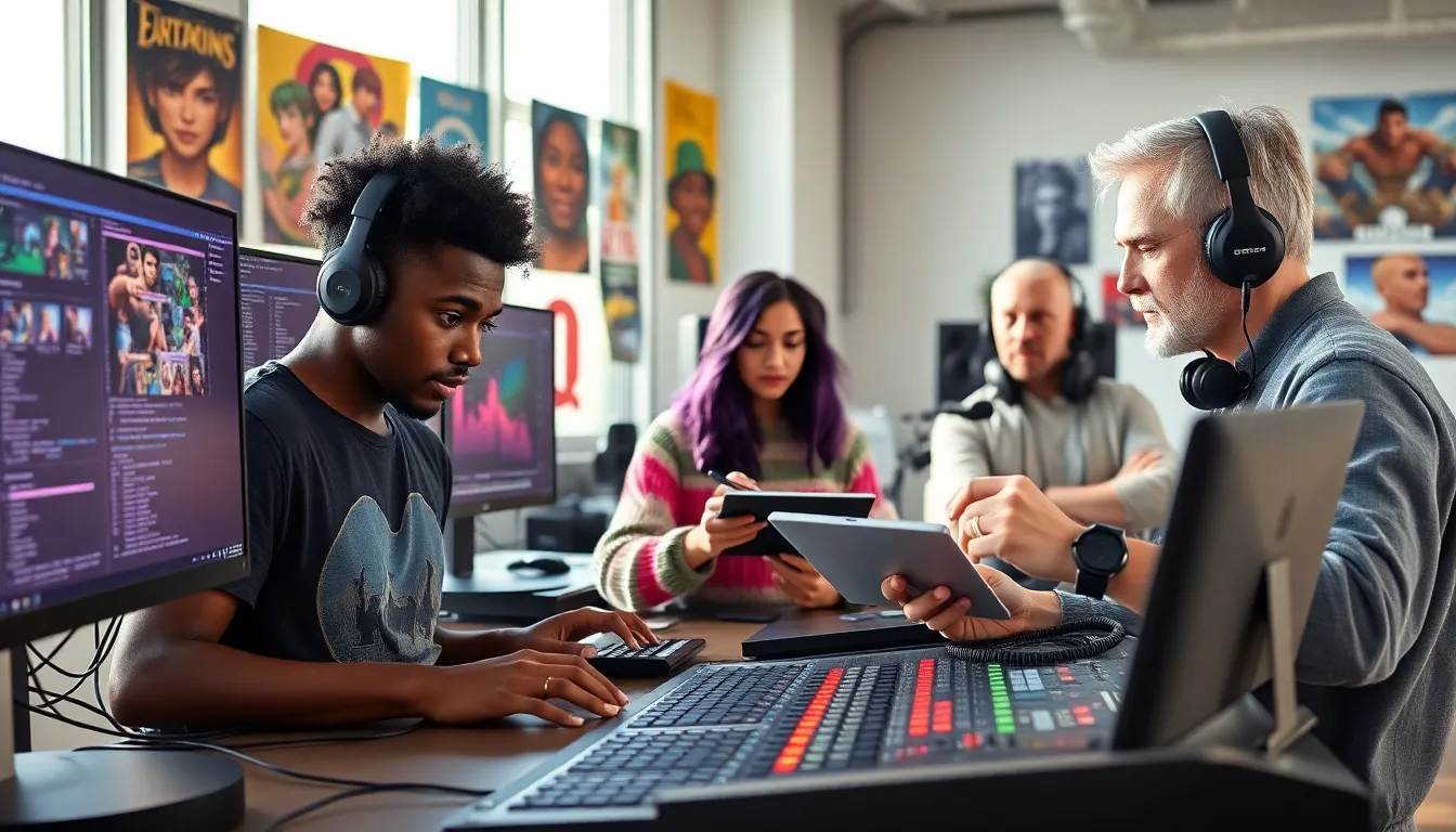 game developers collaborating in a vibrant office space.