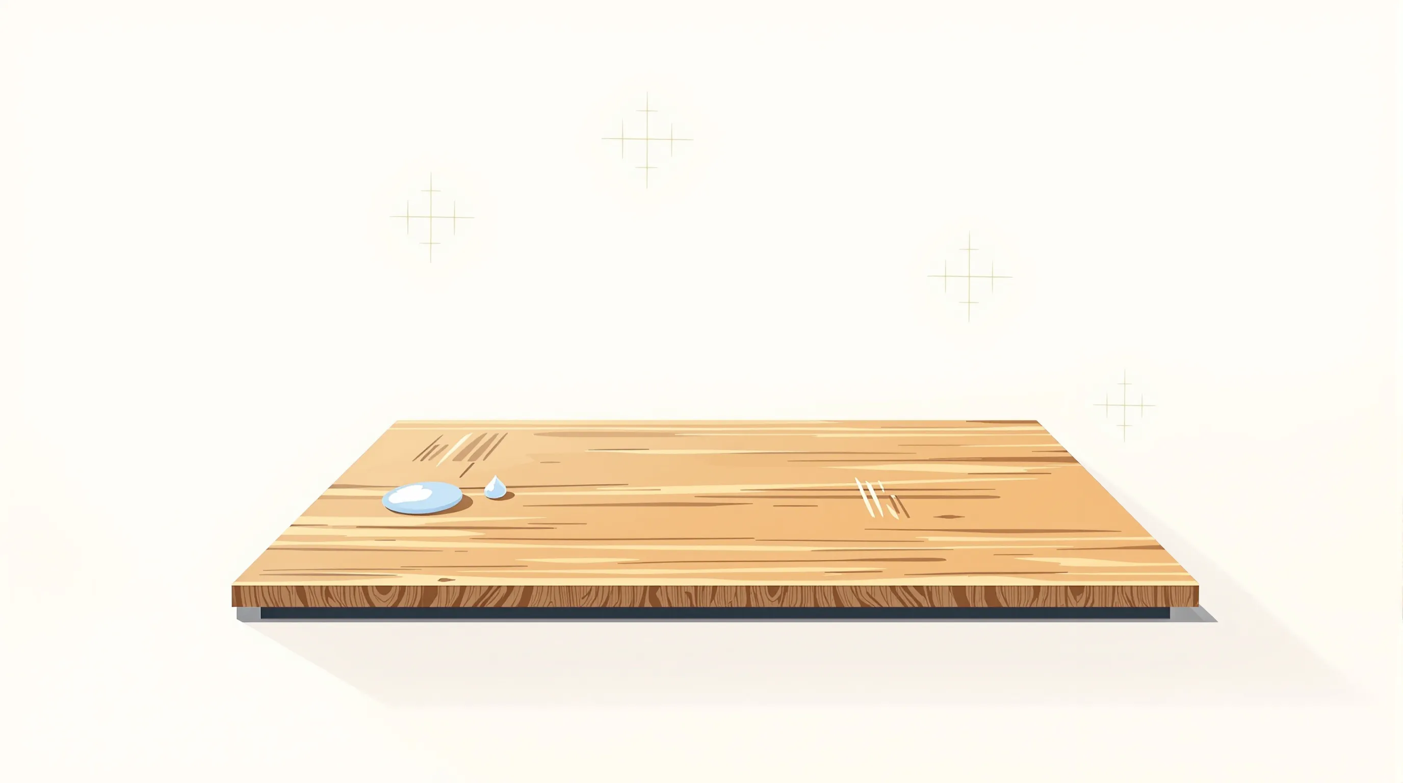 Minimalist illustration of a parquet floor plank showing wear signs and water droplet.