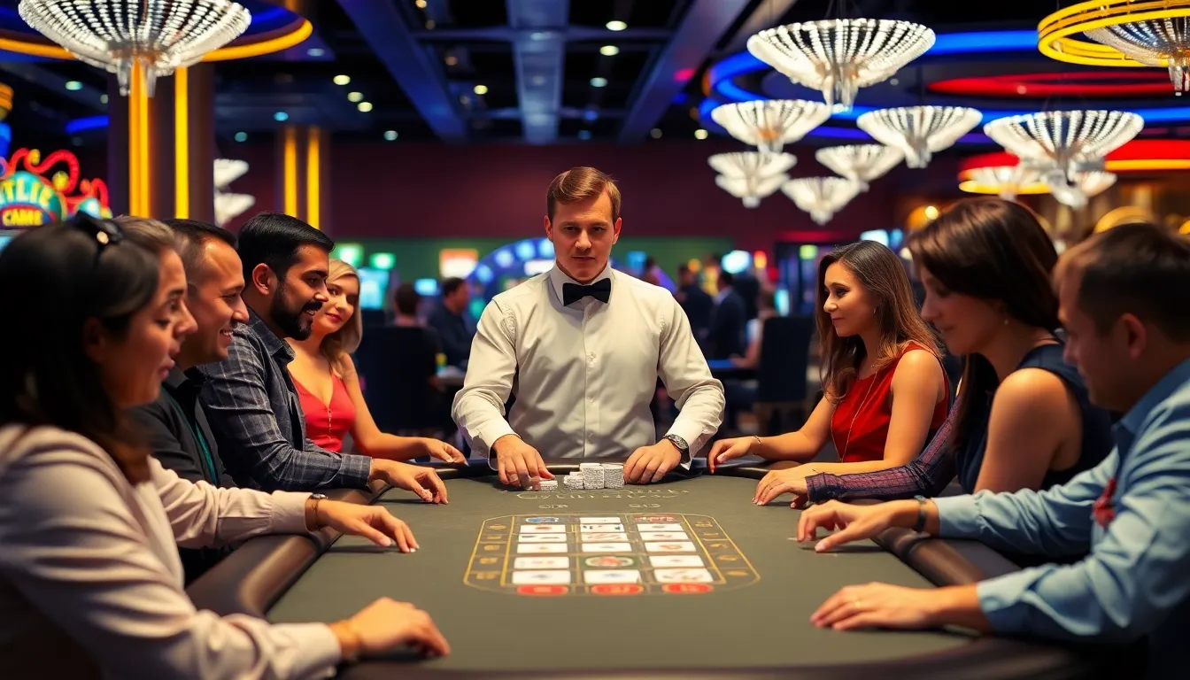 diverse players engaging at a blackjack table in a casino.