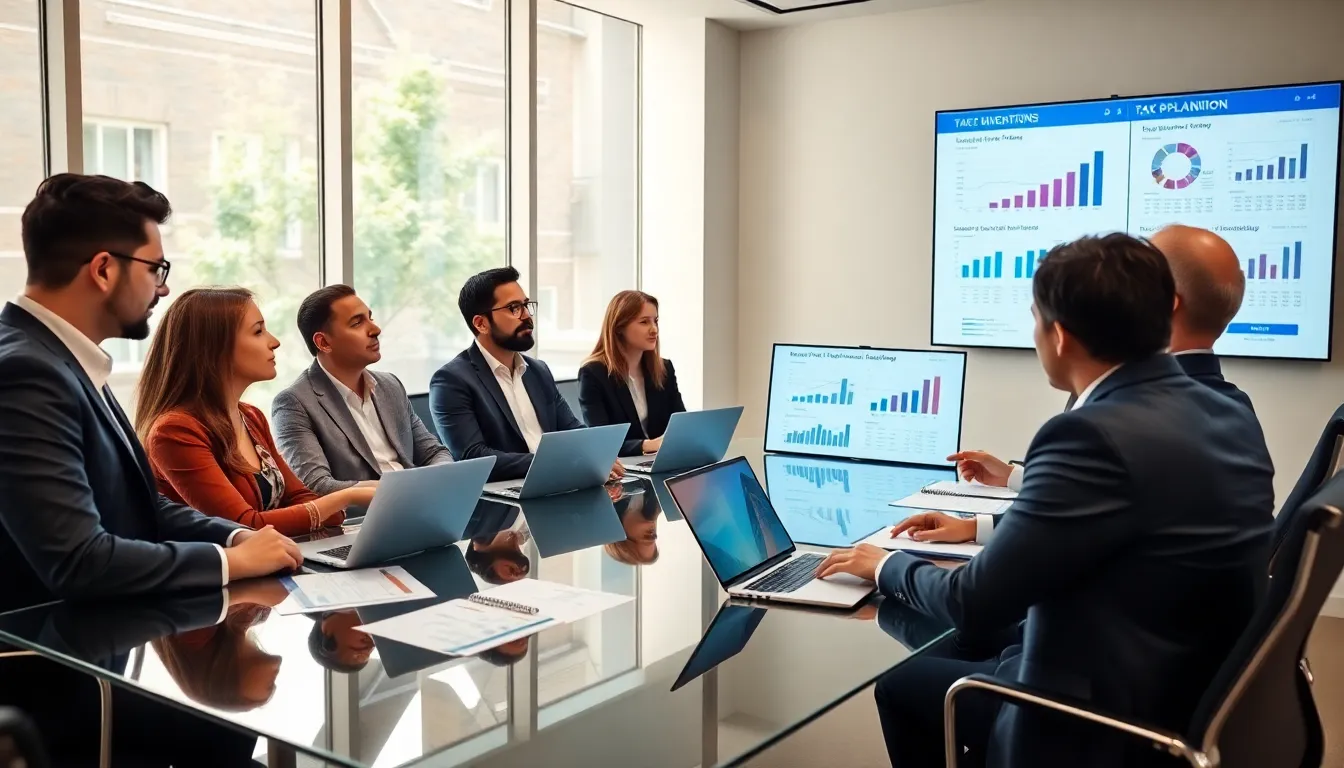diverse financial advisors discussing tax planning in a modern office.