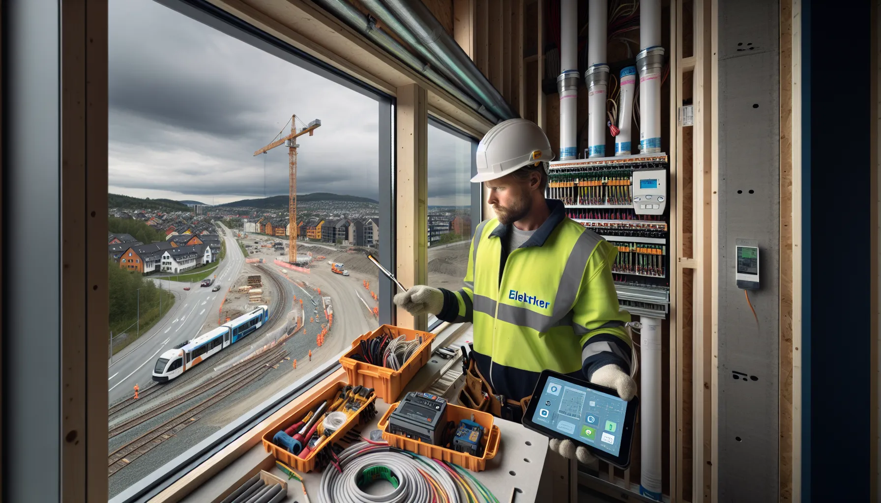 10 håndverksyrker med høy etterspørsel i norge 2 Norwegian electrician installs smart energy panel in a timber school construction.