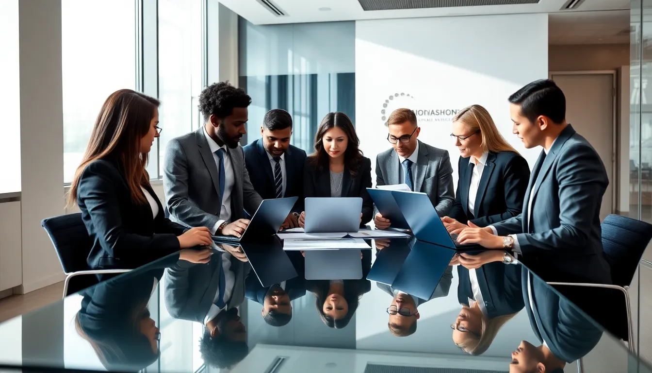 diverse professionals discussing tax minimization strategies in a modern office.
