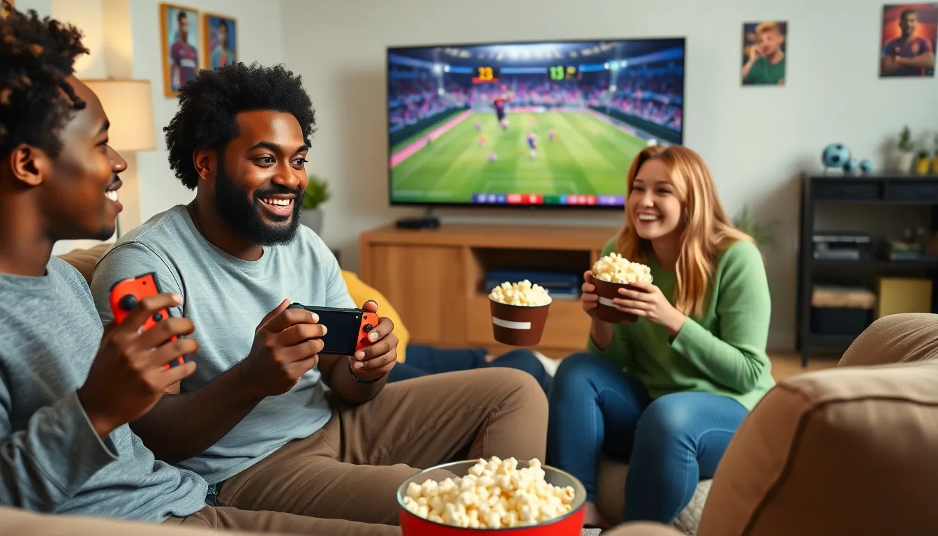 friends playing FIFA 23 on a Nintendo Switch in a cozy living room.
