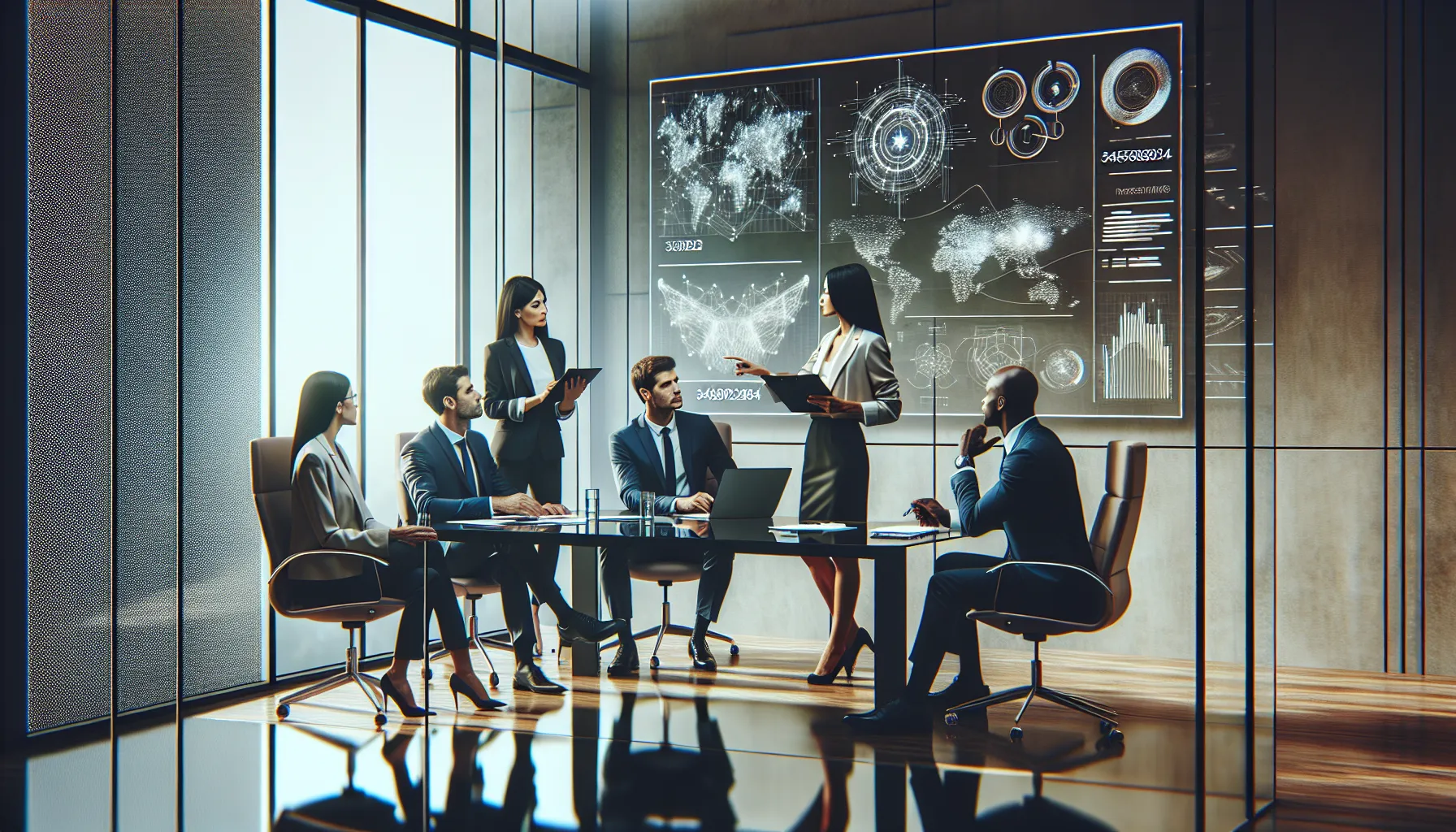 diverse professionals collaborating over data in a modern office.