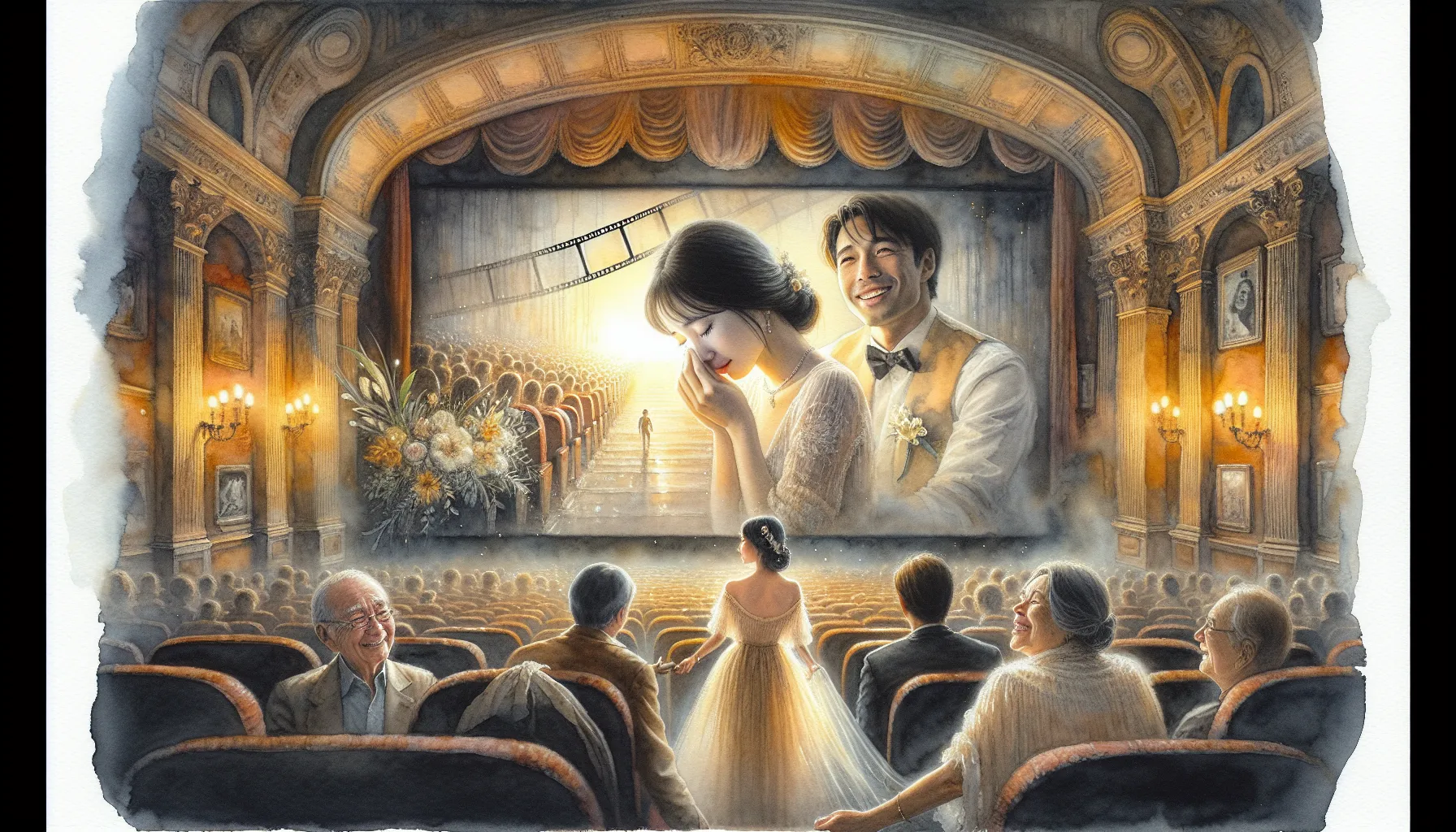 People moved by an emotional film in a softly lit Italian cinema.