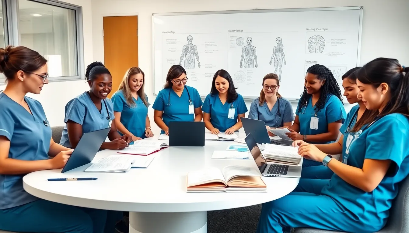 diverse nursing students studying together in a modern classroom.
