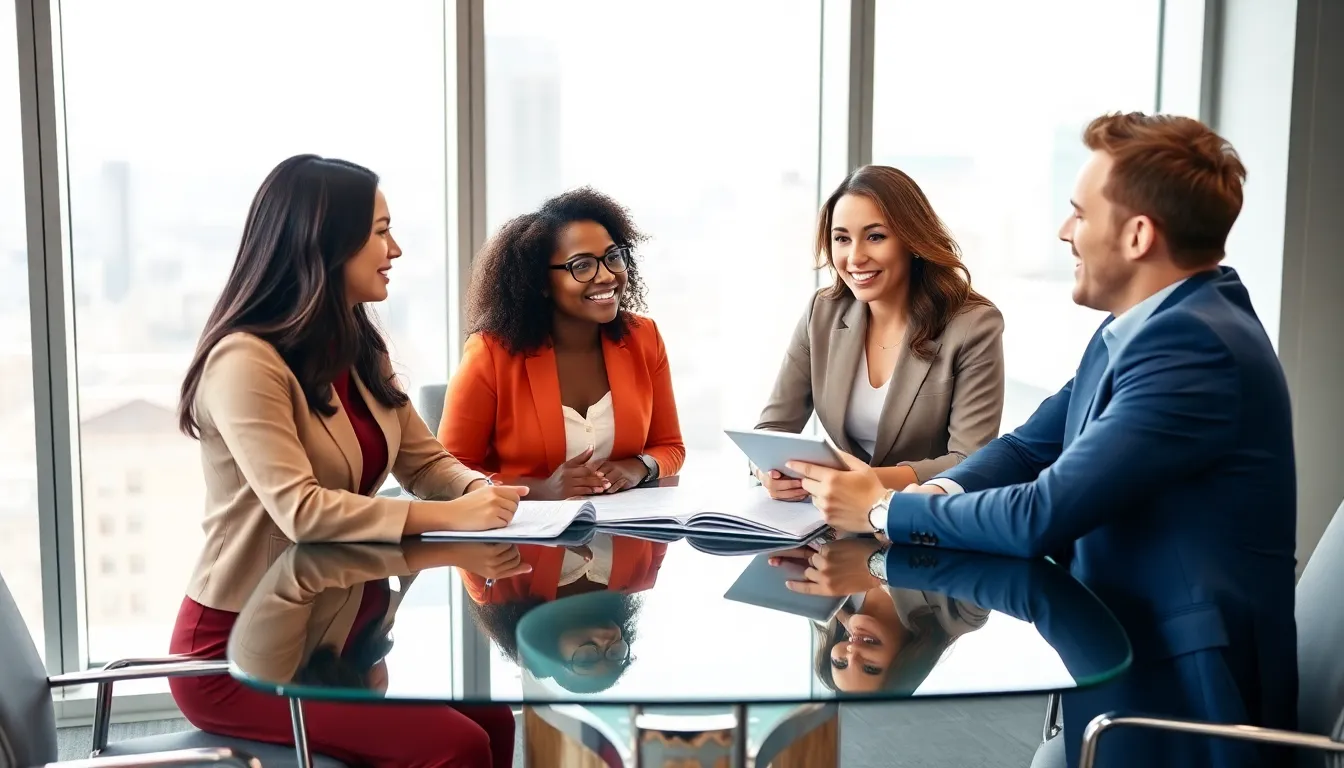 diverse professionals discussing relationship advice quotes in a modern office.