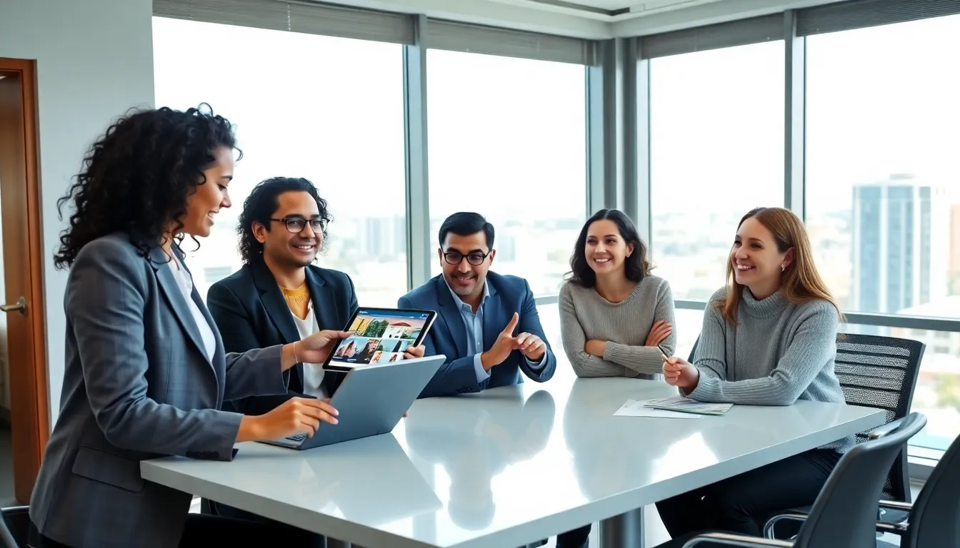 a diverse team of real estate agents collaborating in a bright office.