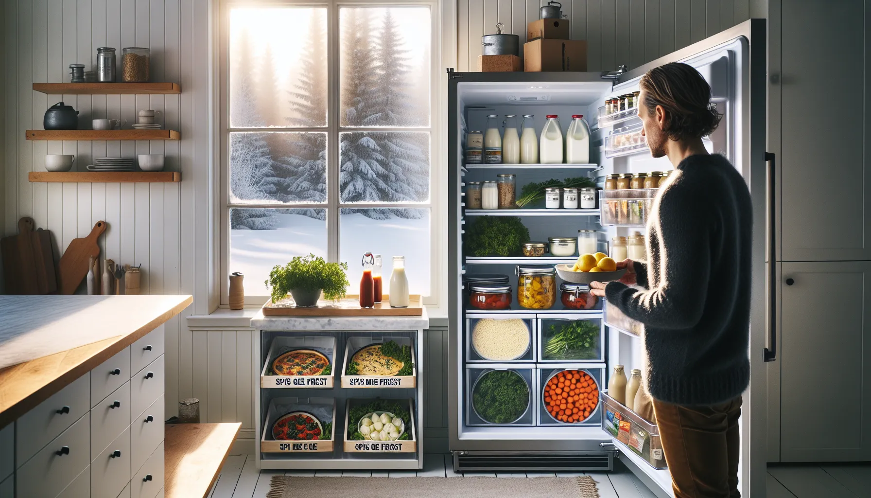 Hvordan redusere matsvinn med kreative oppskrifter 2 Norwegian home cook organizing labeled leftovers in a neatly arranged fridge.
