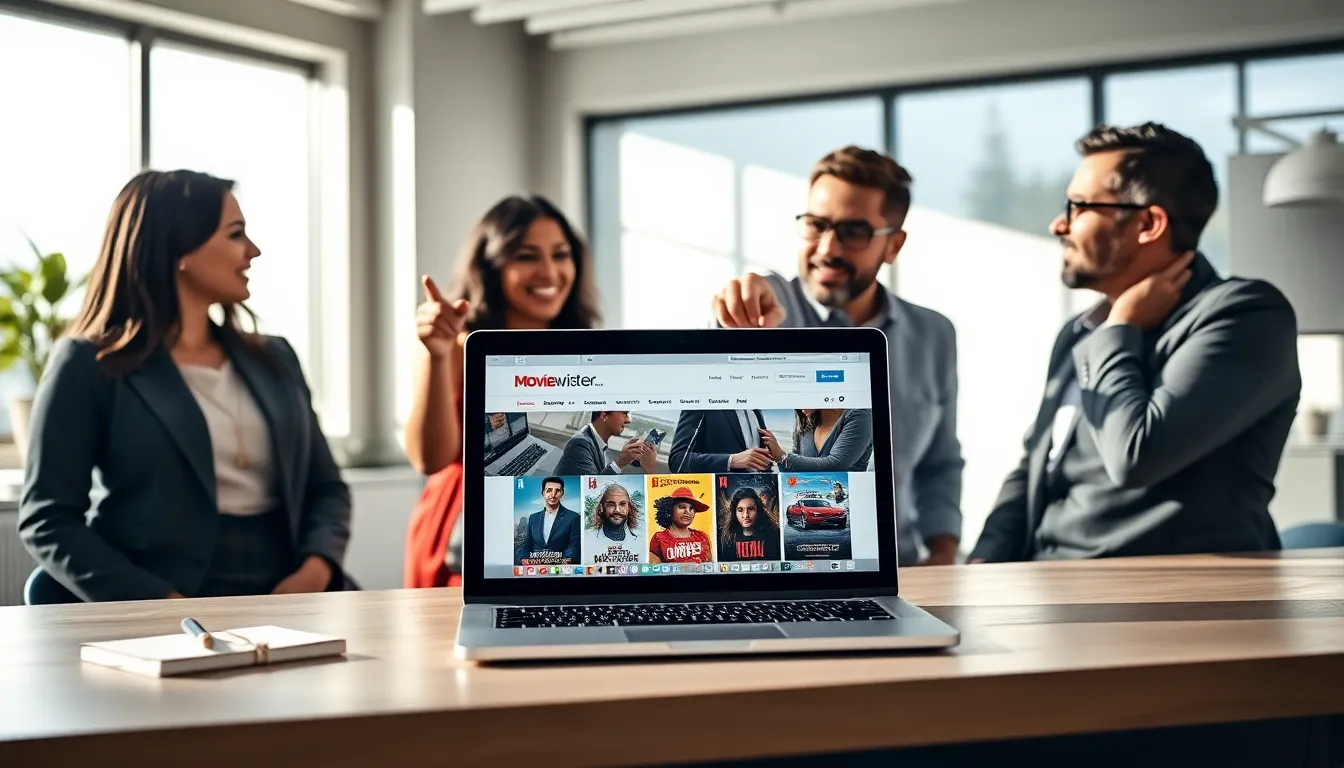 diverse group discussing films using Moviewiser Com on a laptop.