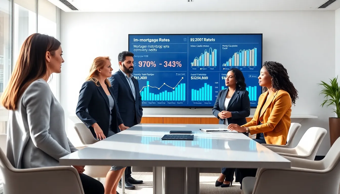 professionals discussing mortgage rates in a modern office.