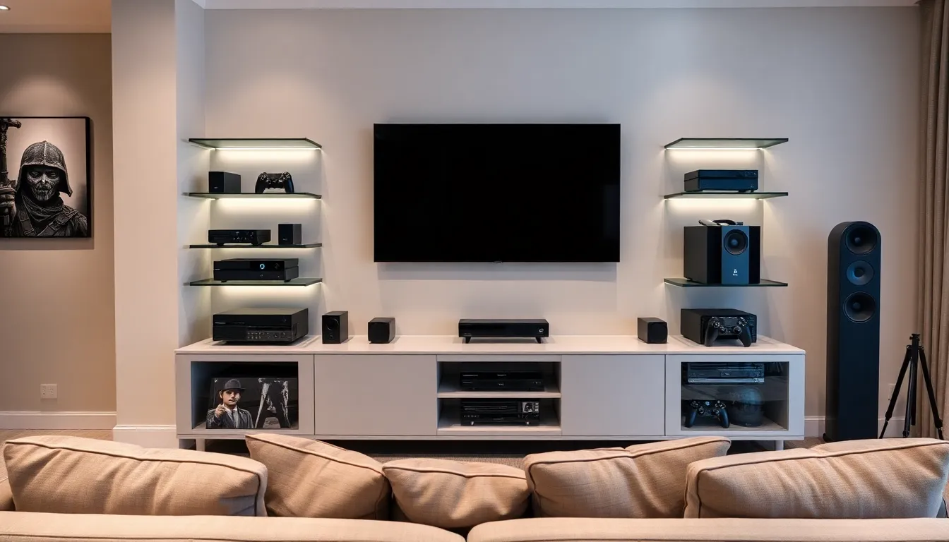 modern home entertainment center with TV and gaming consoles.