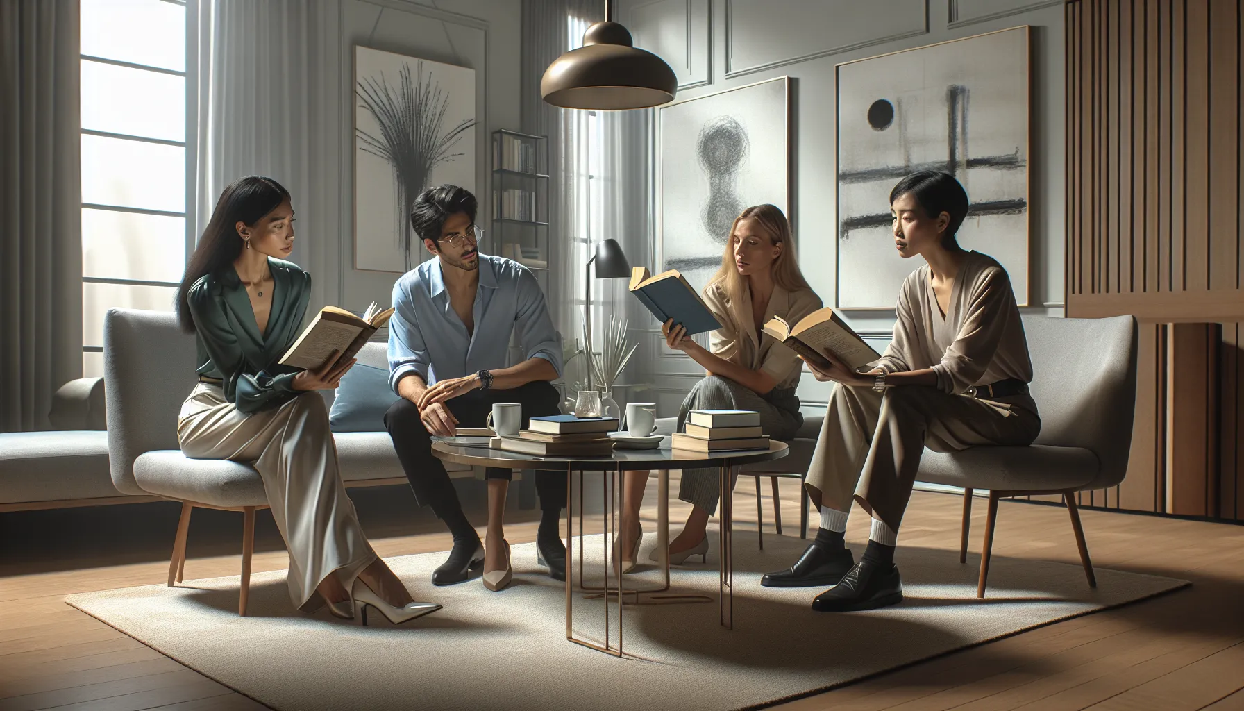 diverse readers discussing Colleen Hoover's 'Too Late' in a cozy living room.