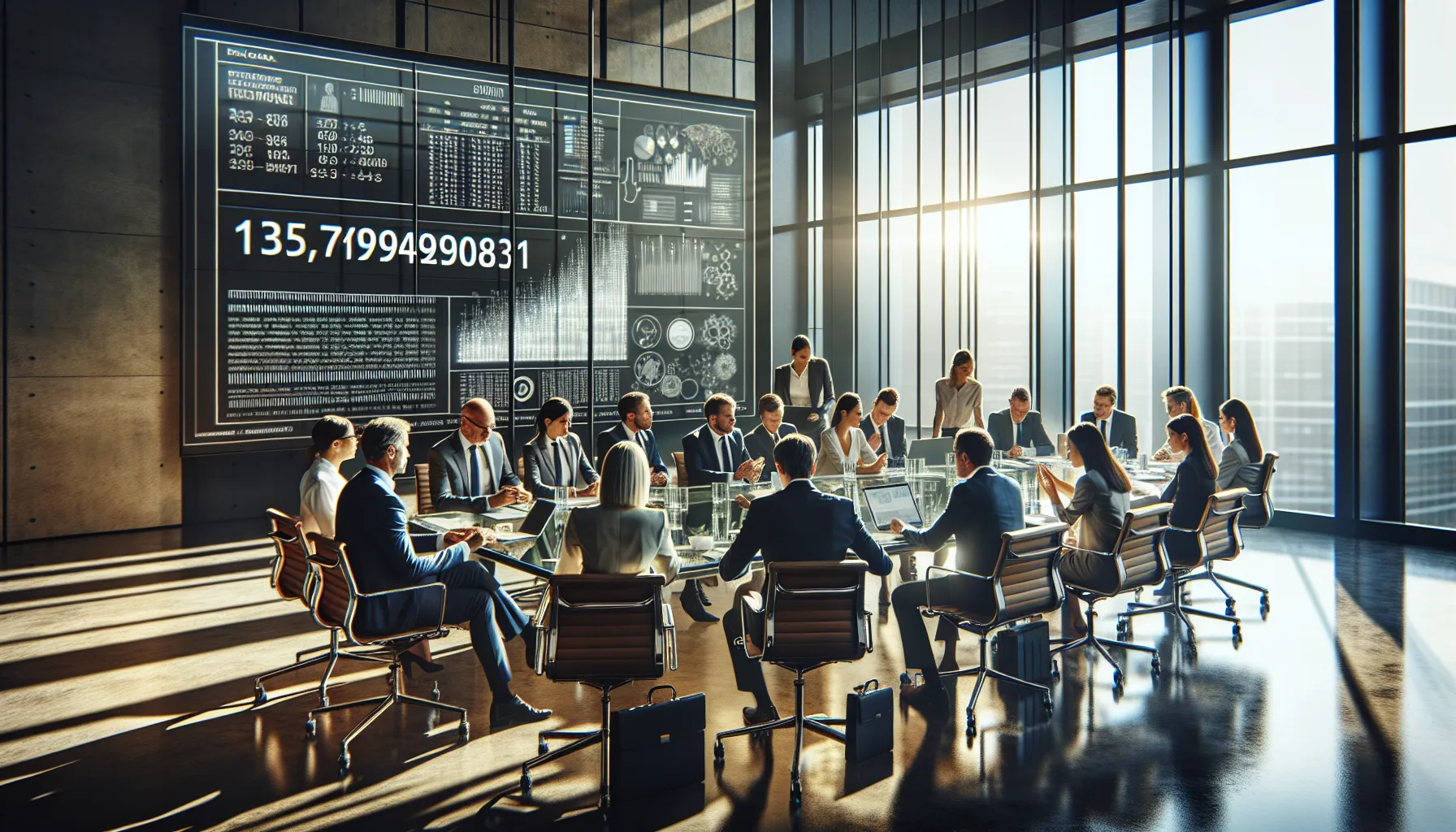 diverse team discussing the significance of a numerical sequence in a modern office.