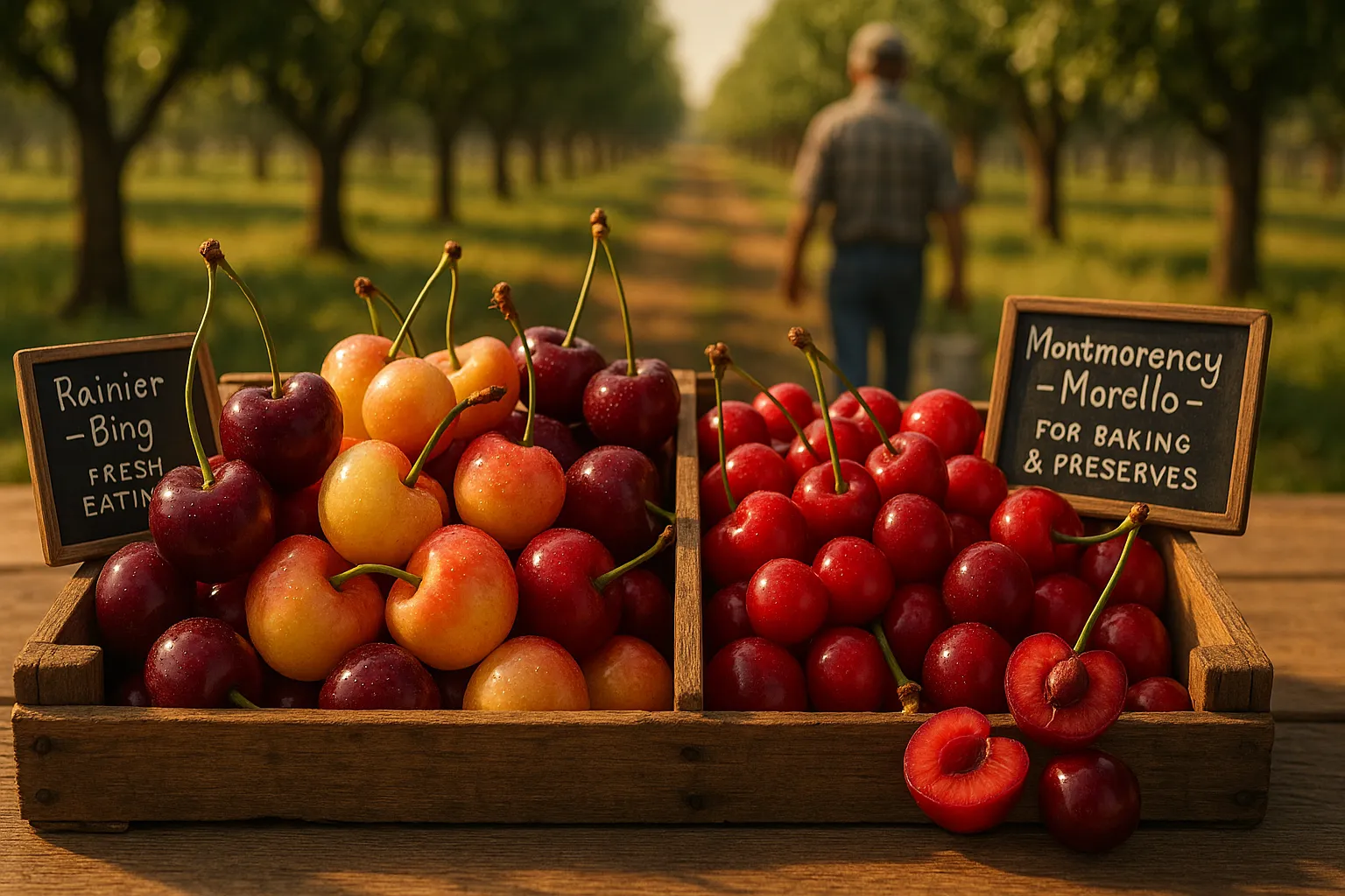 A wooden crate showing sweet (Bing, Rainier) and acid (Montmorency, Morello) cherries.