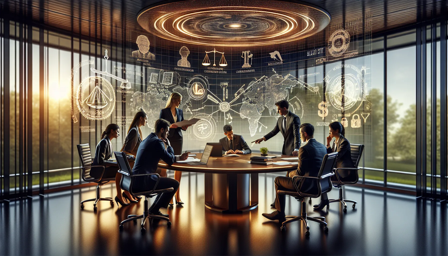 diverse legal team discussing privacy laws in a modern office.