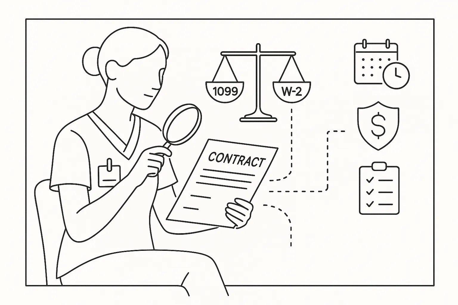 Nurse practitioner examining a contract with scales and review icons.