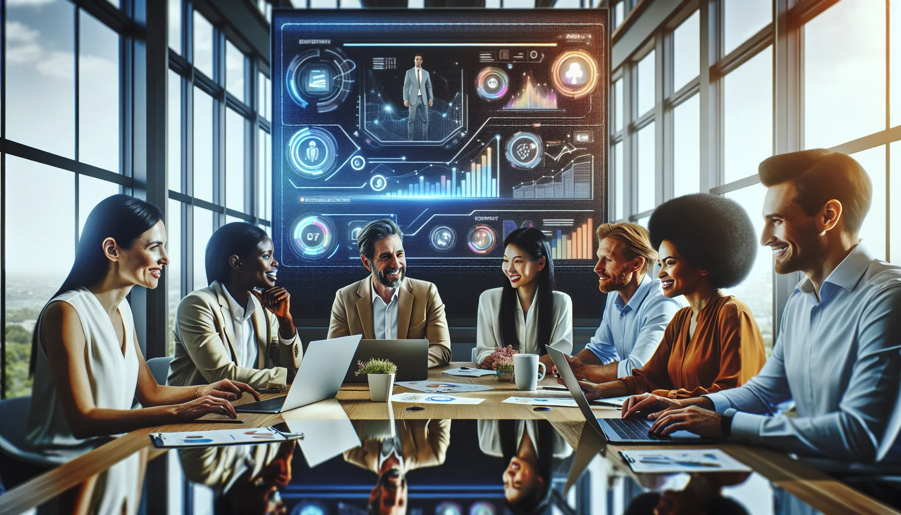 diverse team collaborating in a modern office using Votrob app.