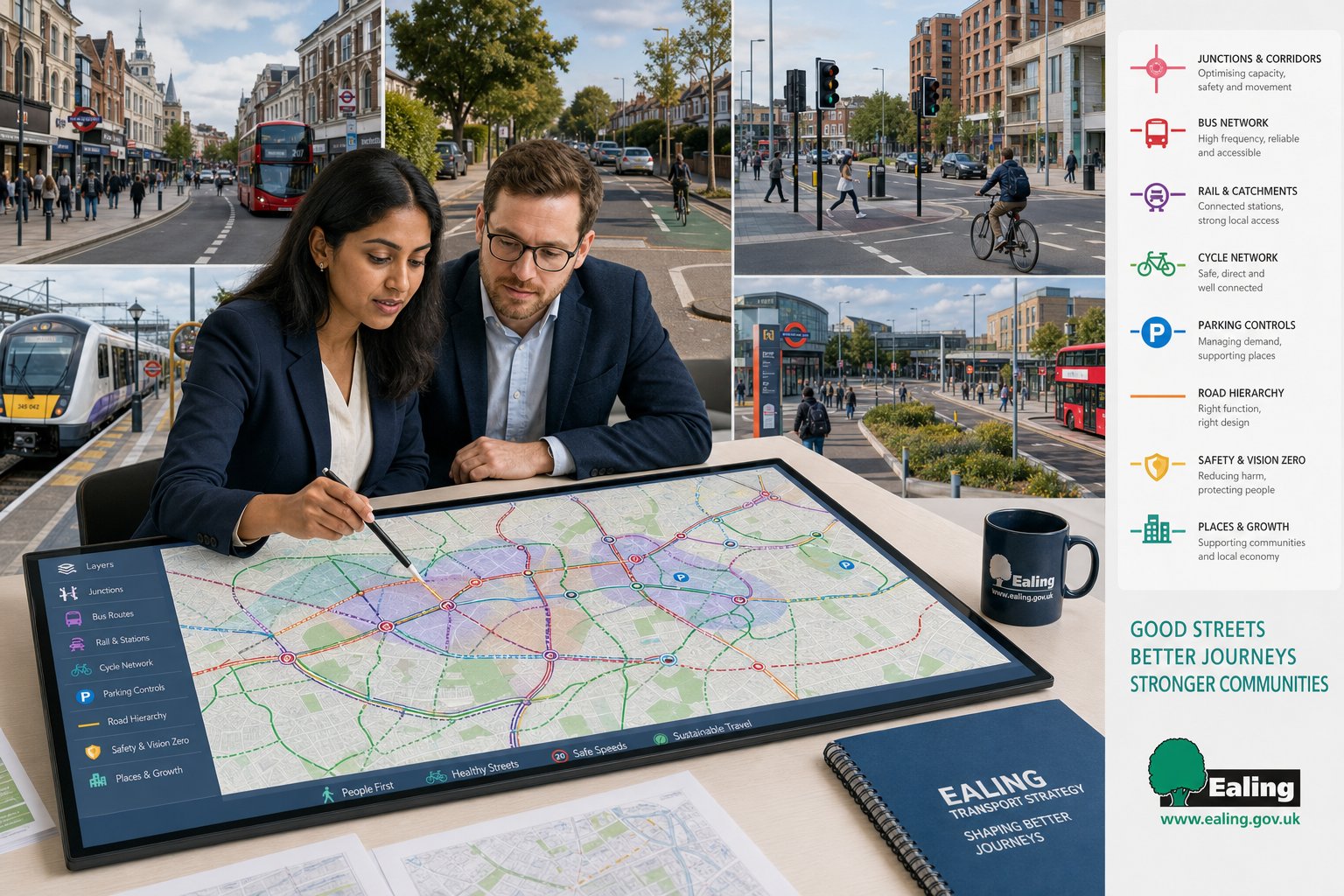 Traffic engineer reviewing Ealing transport routes and local planning factors.