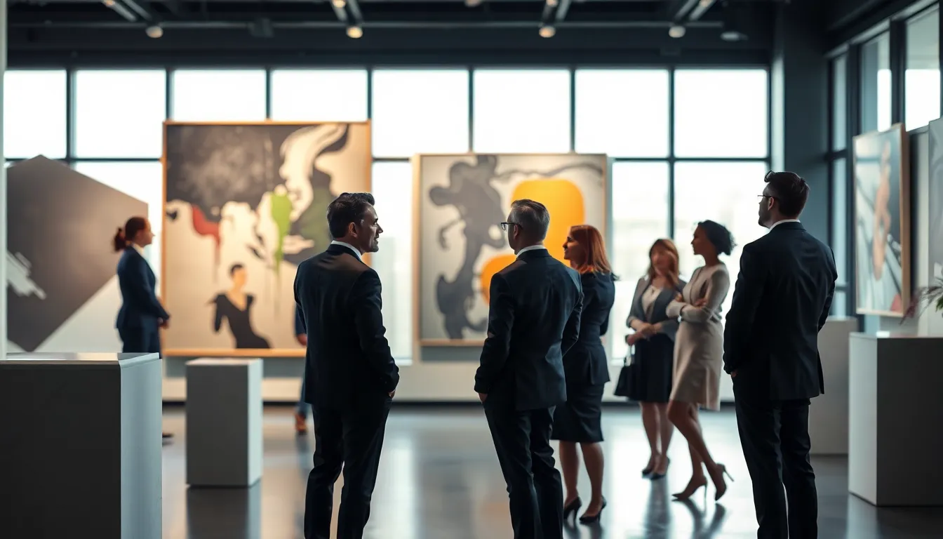 group discussing expensive artwork in a modern art gallery.