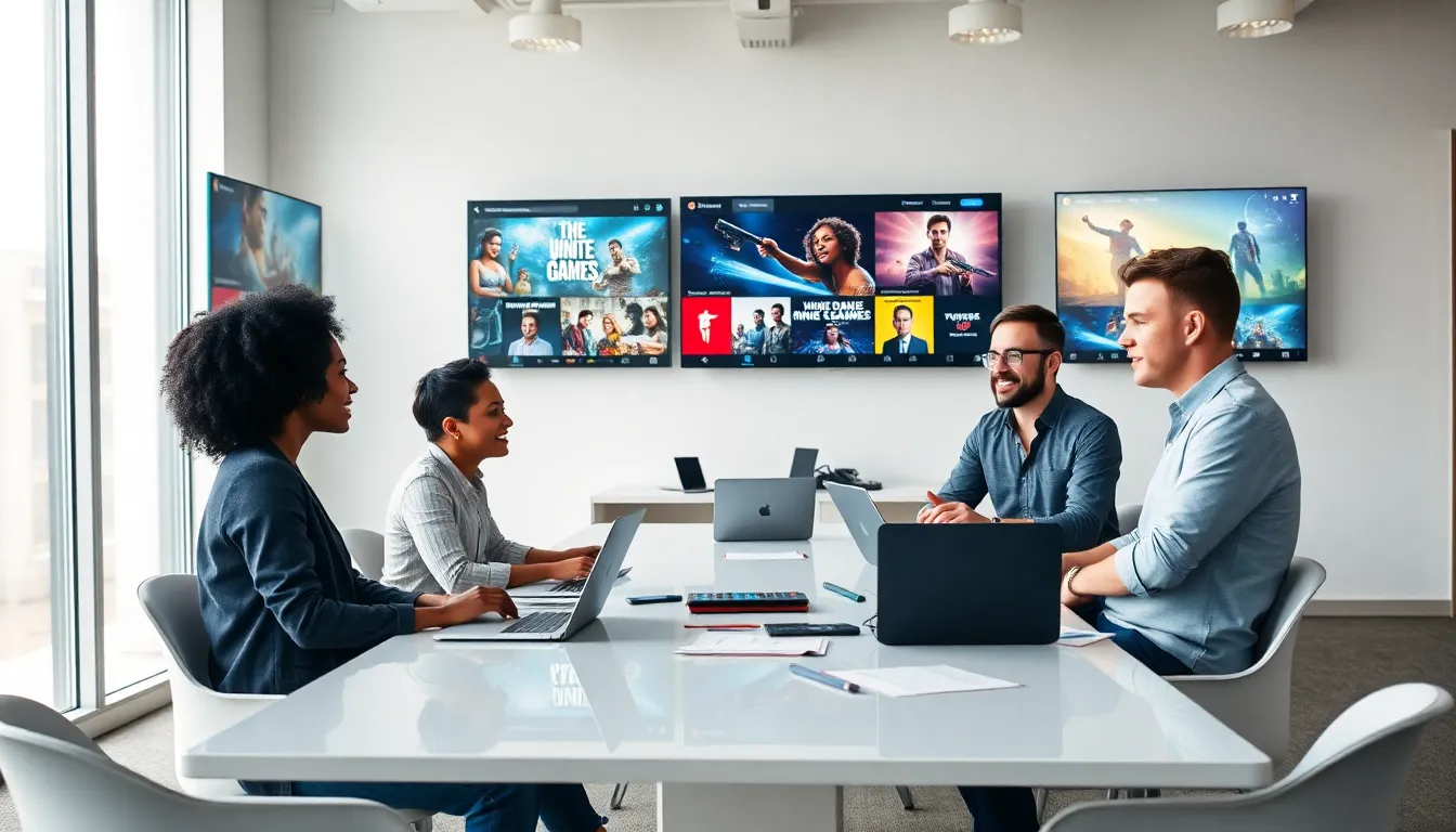diverse team collaborating in a modern digital workspace focused on entertainment.
