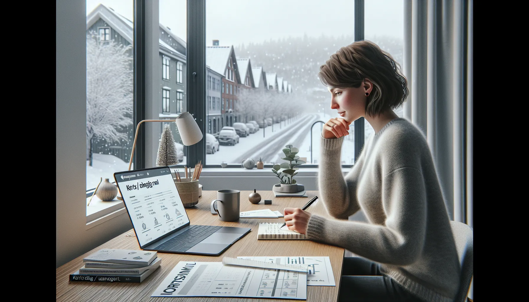 Woman in a norwegian home office writing career goals beside a laptop.