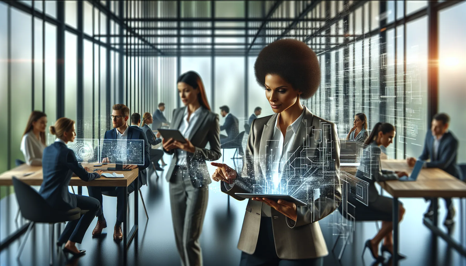 diverse professionals collaborating over technology in a modern office.
