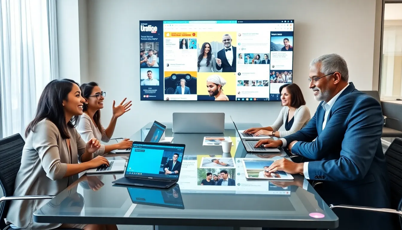 diverse group discussing memes in a modern office setting.