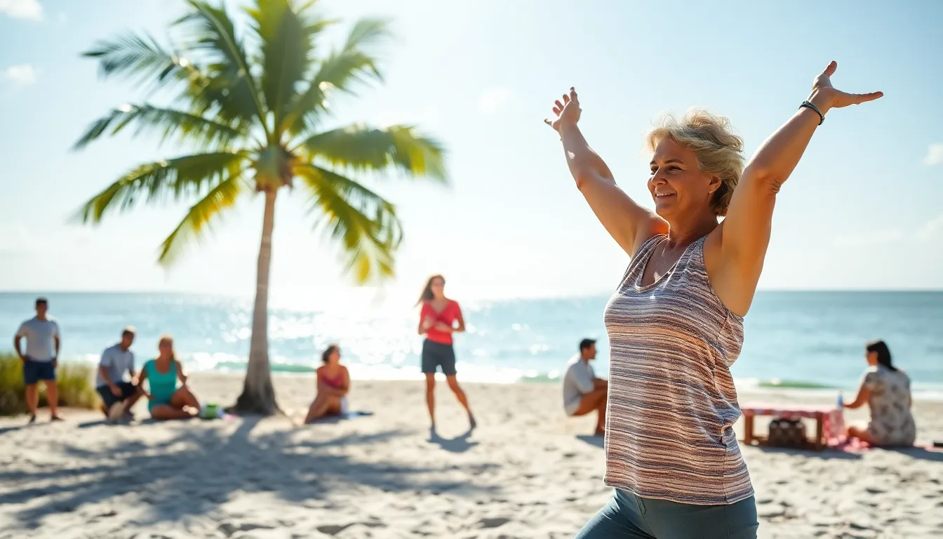 diverse group participating in wellness activities by Cape Coral beach.