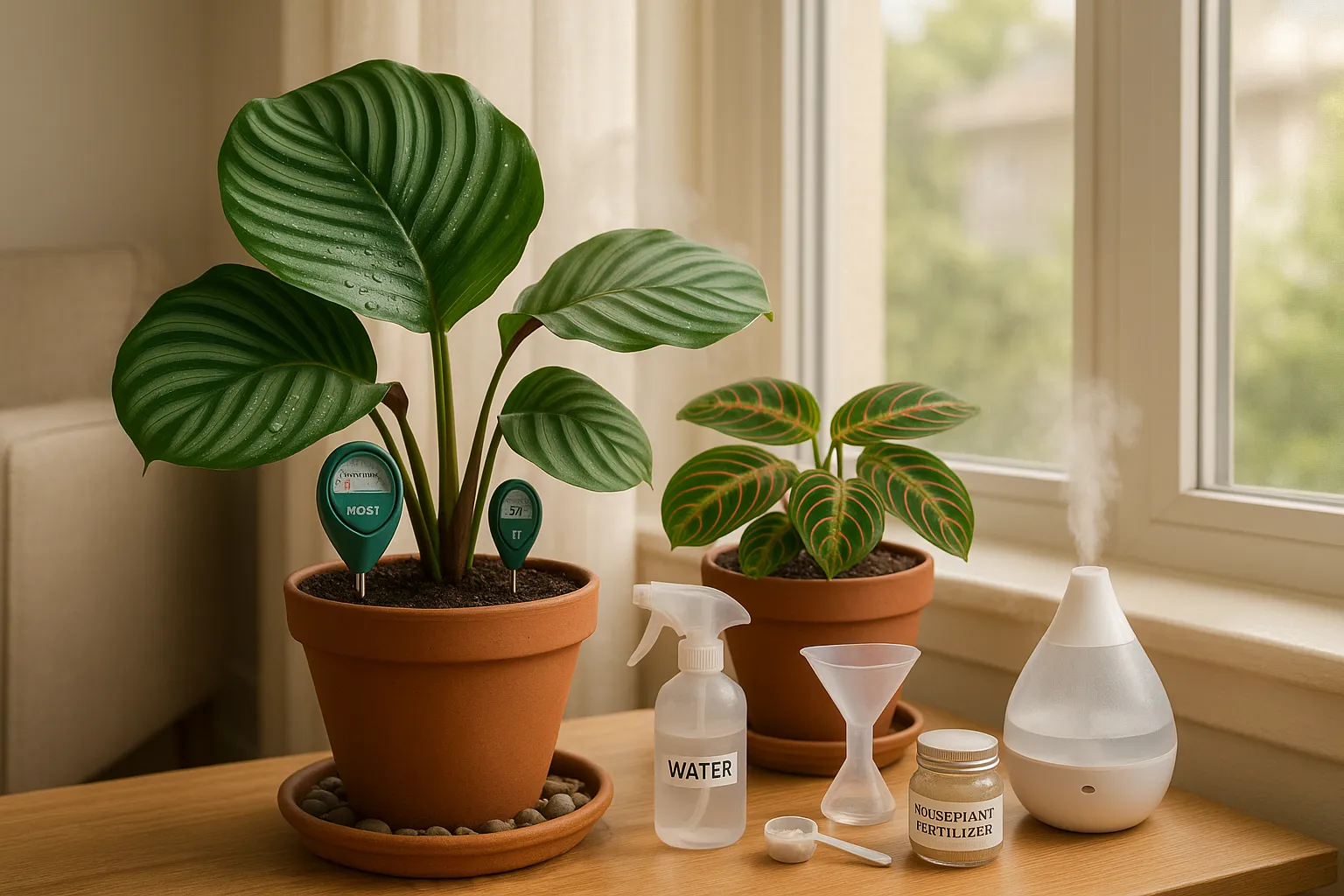 Calathea and Maranta on a windowsill with moisture meter and humidifier.